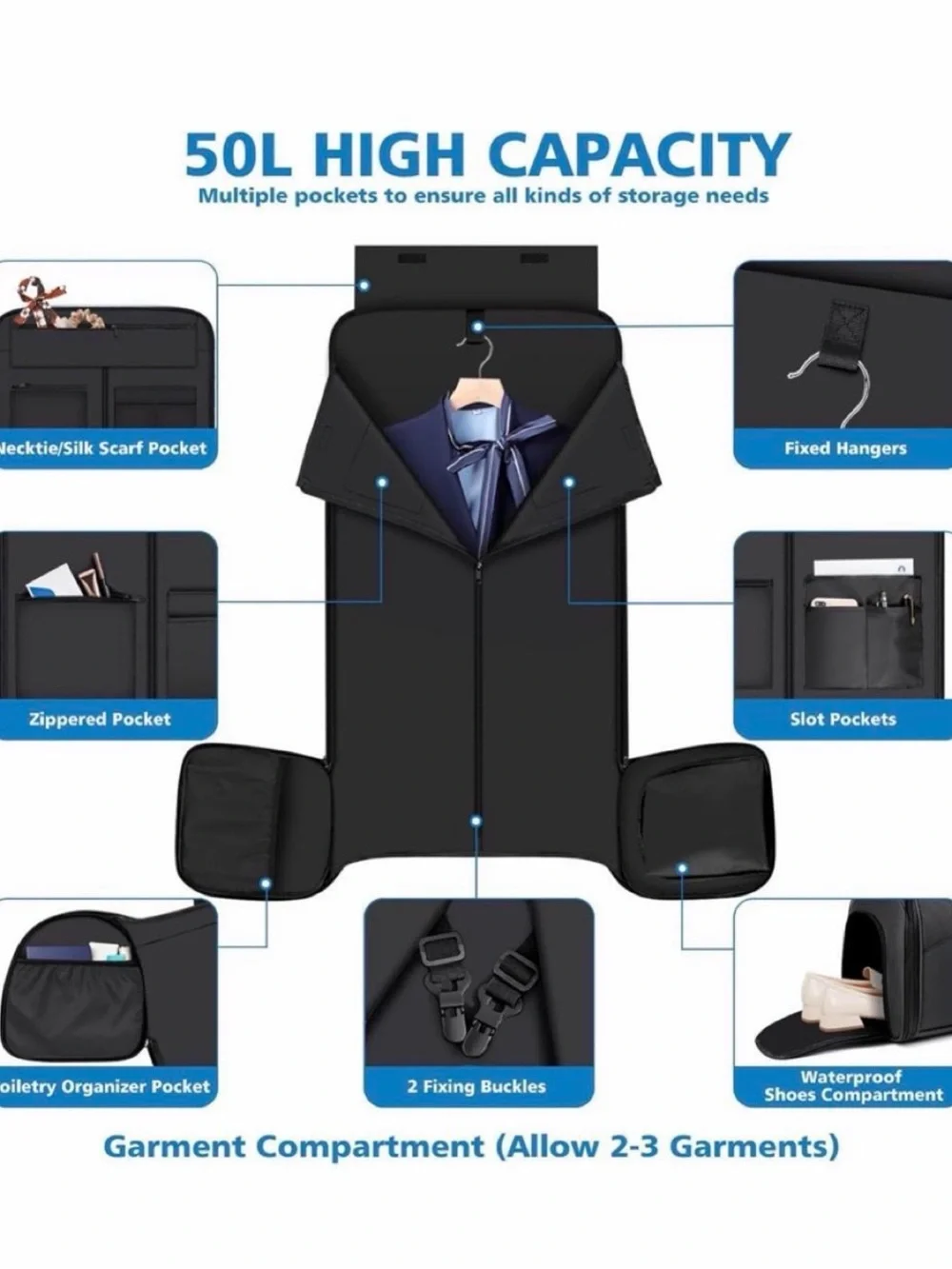 NWT IBFUN 4-in-1 Black 50L Convertible Garment Duffle Bag